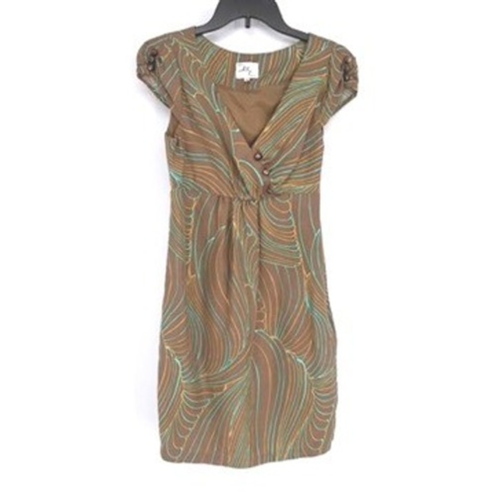 Milly Dress Women 4 Brown Abstract Silk V-Neck Cap Sleeve Sheath Mini Lined
